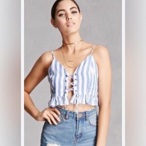 Windsor Striped Lace-Up Crop Top in Blue and White